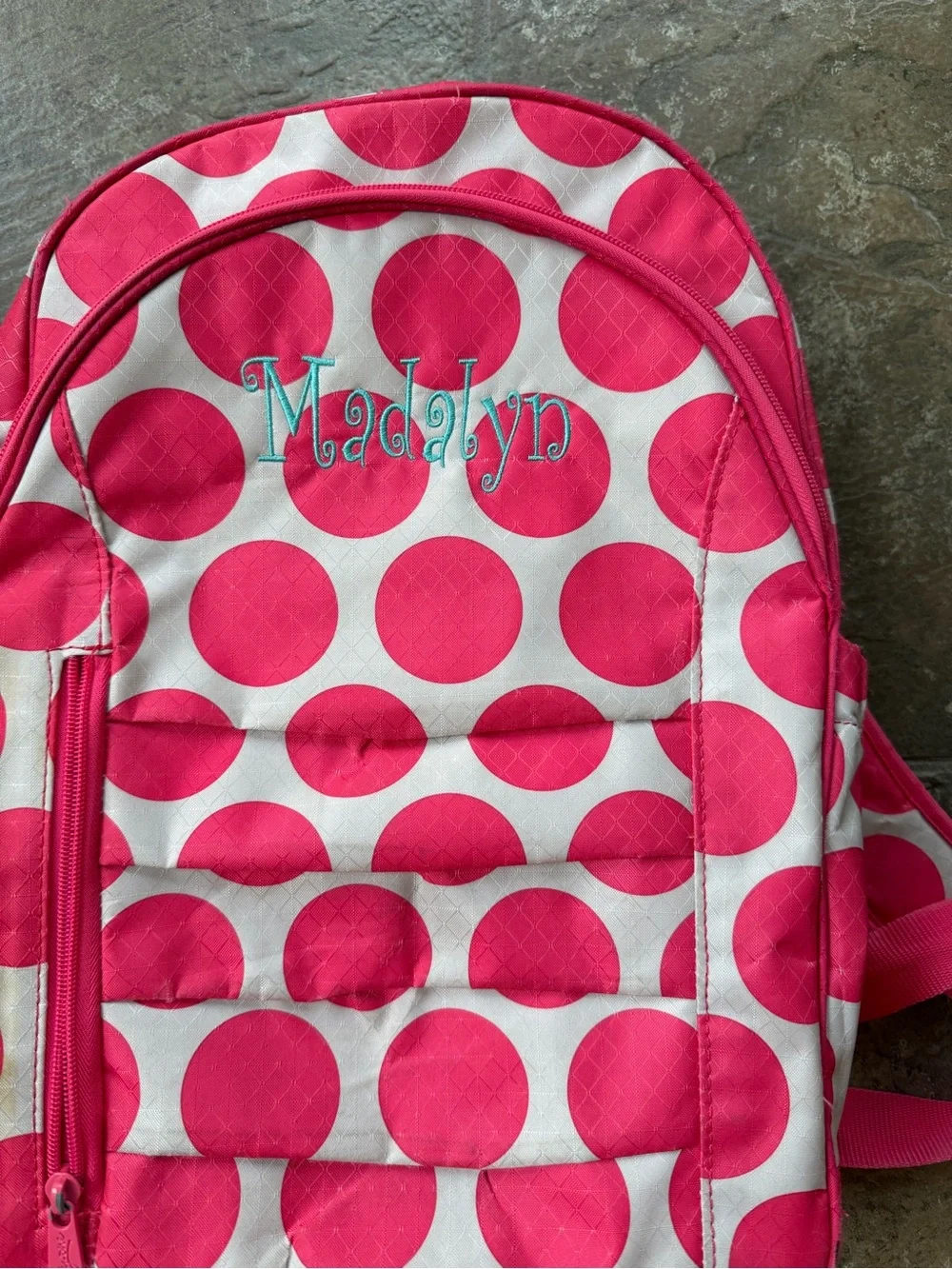 Thirty-One Her Deluxe Backpack Mod Coral Pink Polka Dot Bookbag Monogram Madalyn